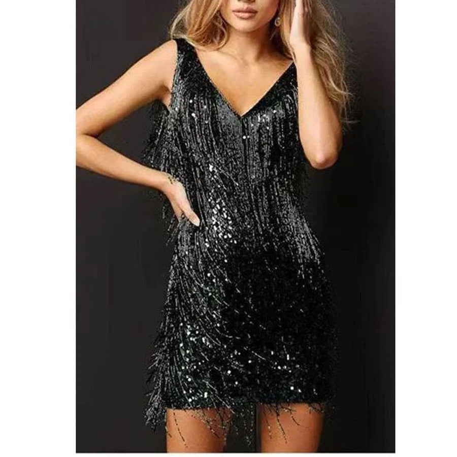 Sequin Fringe Mini Dress - Black