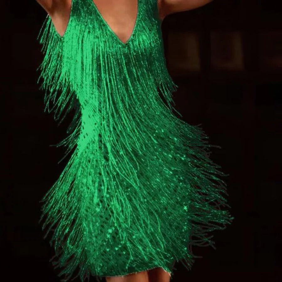 Sequin Fringe Mini Dress - Green