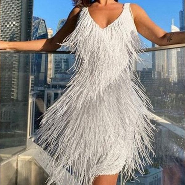 Sequin Fringe Mini Dress - White