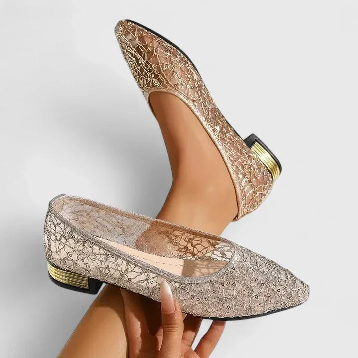 Sequin Lace Ballet Flats - Gold