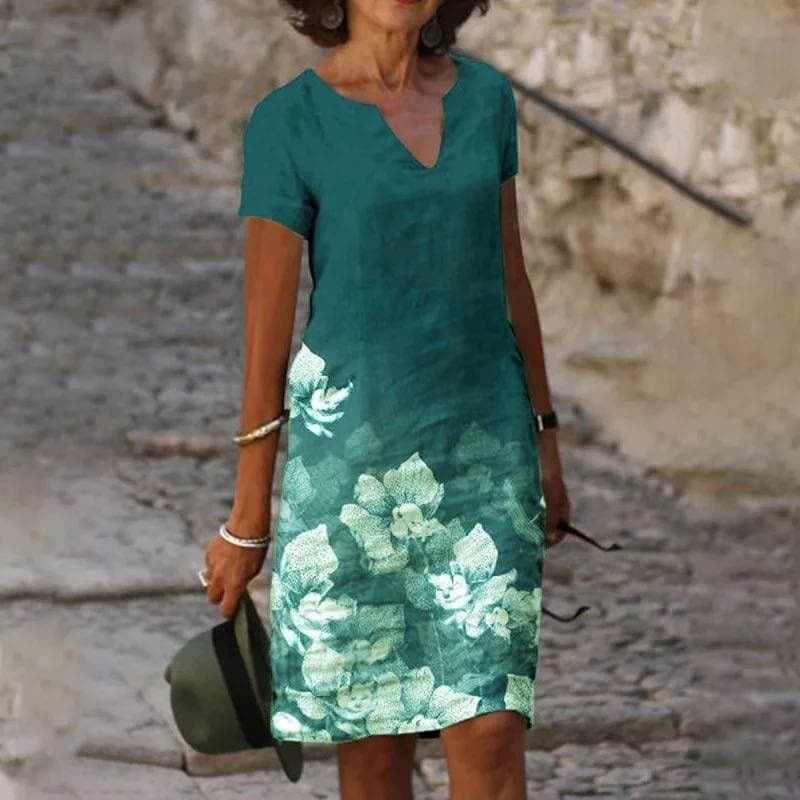 Short Sleeve Floral Midi Dress - Green
