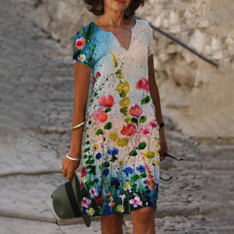 Short Sleeve Floral Midi Dress - Pink