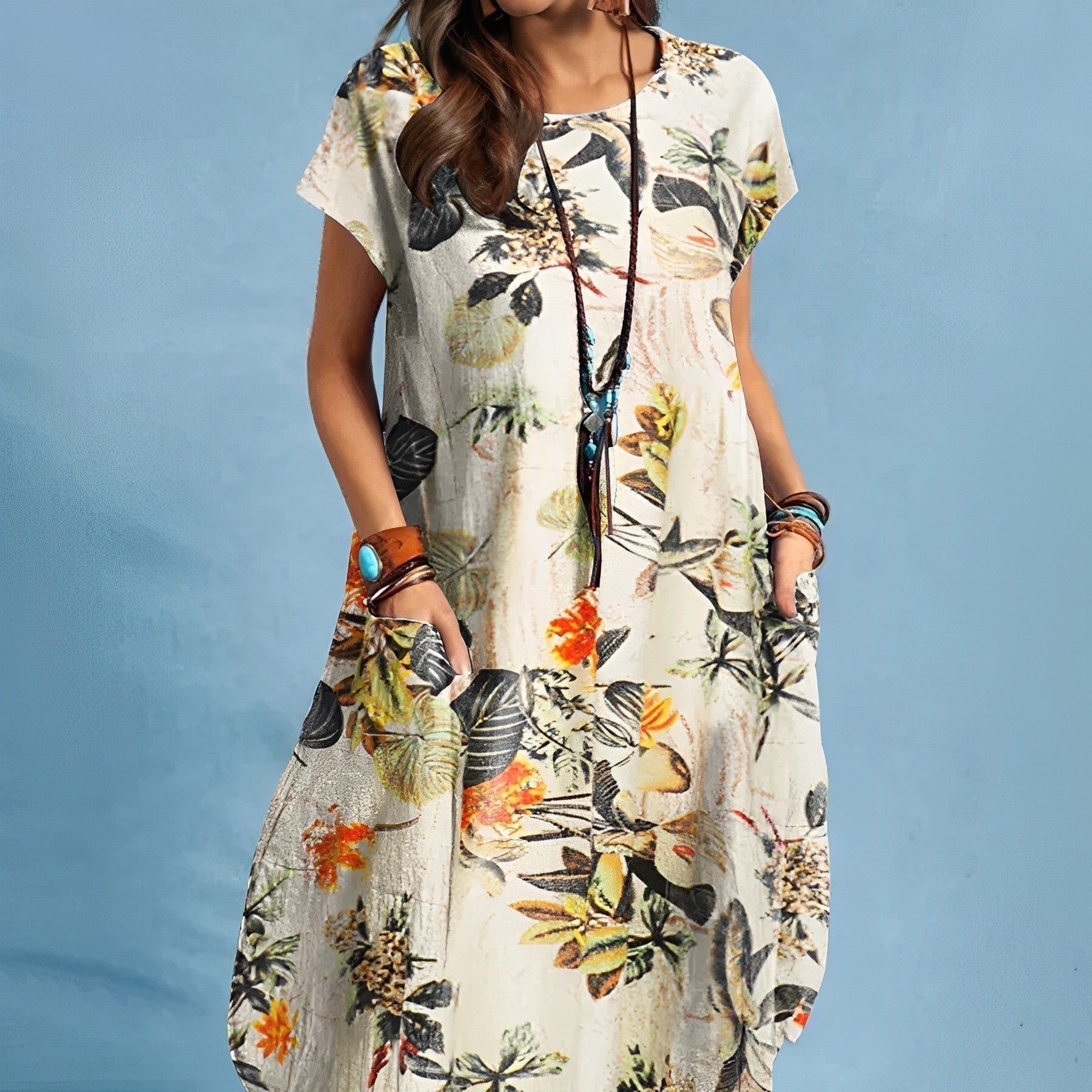 Short Sleeve Floral Midi Dress - Yellow