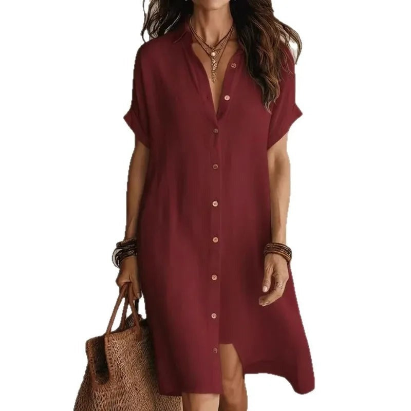 Short Sleeve Shirt Dress - Burgundy