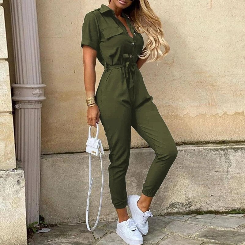 Short Sleeve Utility Jumpsuit - Army Grøn
