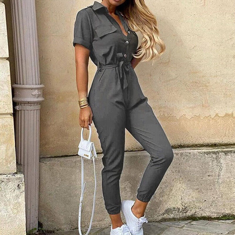 Short Sleeve Utility Jumpsuit - Grey