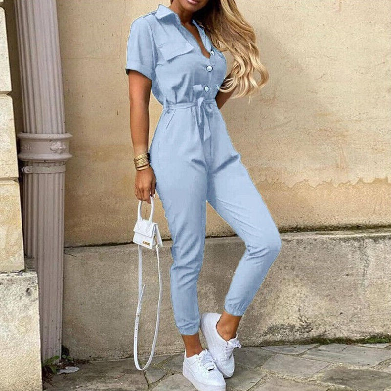 Short Sleeve Utility Jumpsuit - Light Blue