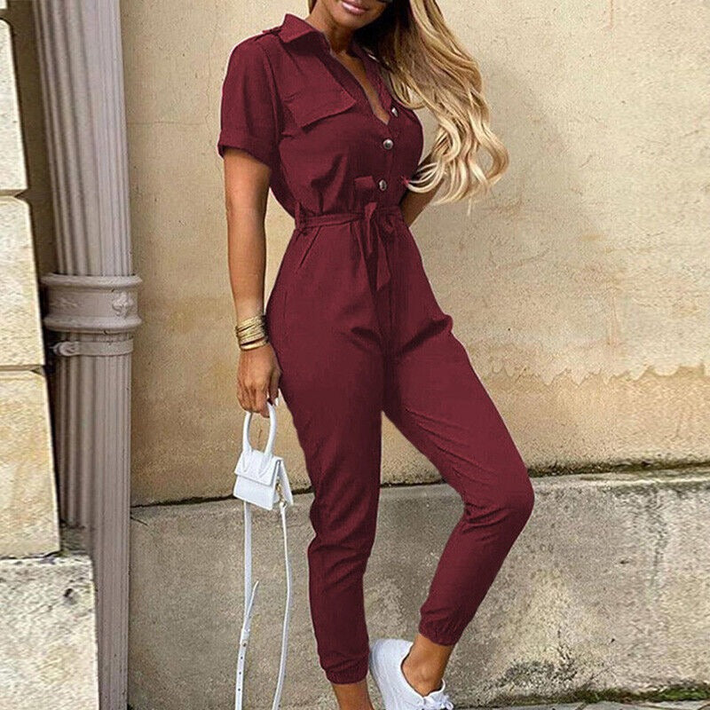 Short Sleeve Utility Jumpsuit - Red