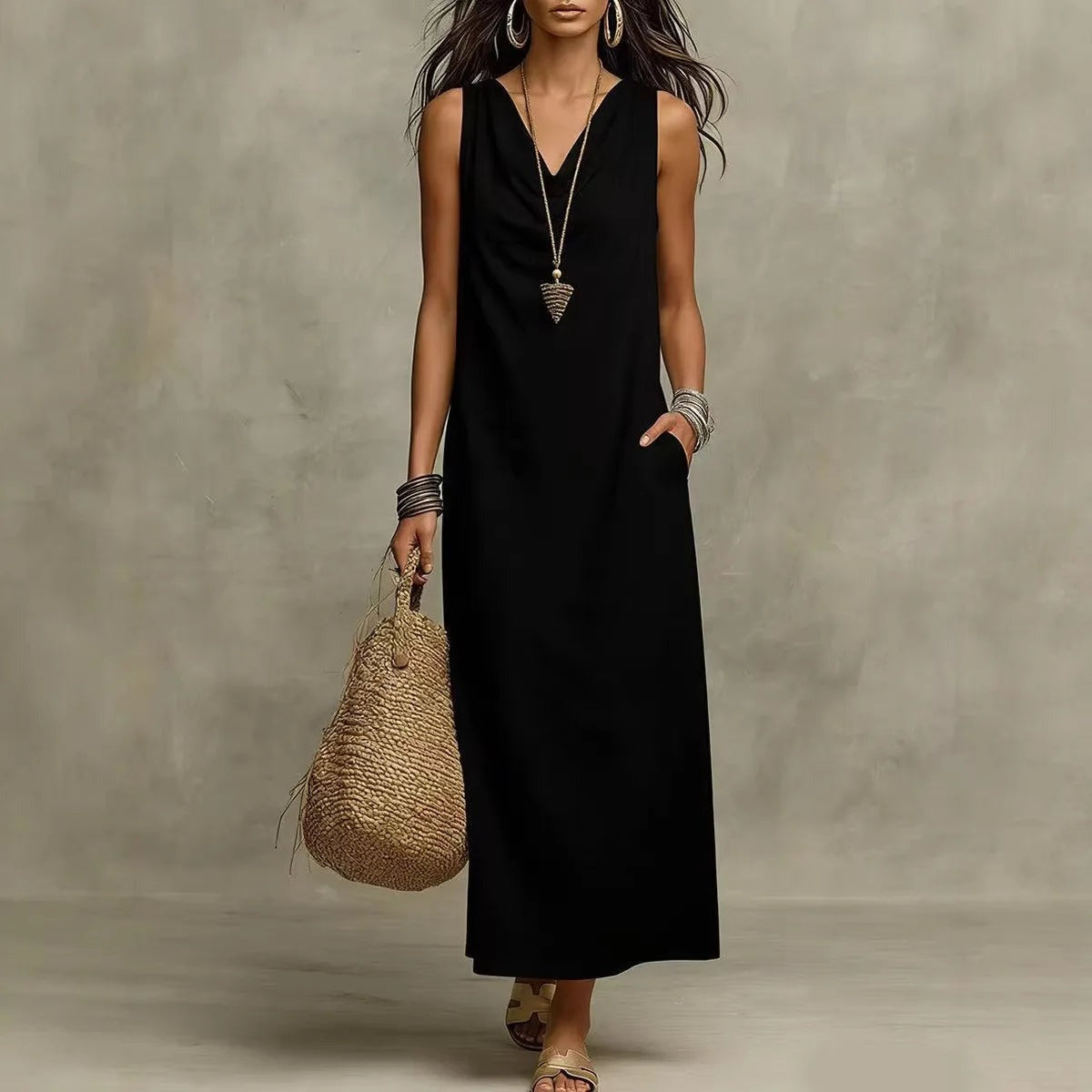 Sleeveless Cowl Neck Maxi Dress - Black