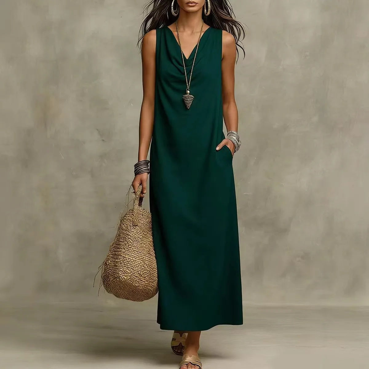 Sleeveless Cowl Neck Maxi Dress - Dark Green