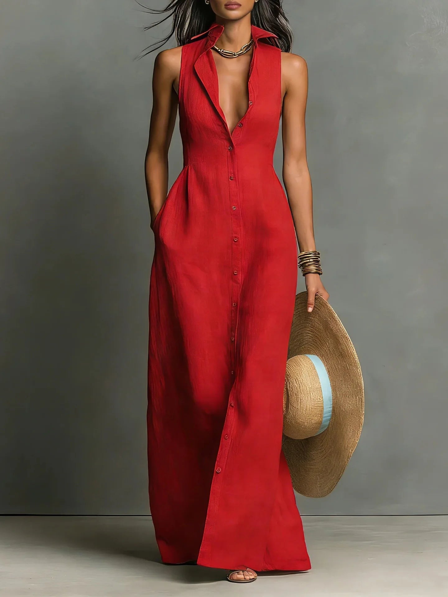 Sleeveless Maxi Shirt Dress - Red