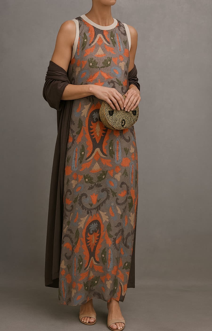 Sleeveless Printed Maxi Dress - Grey