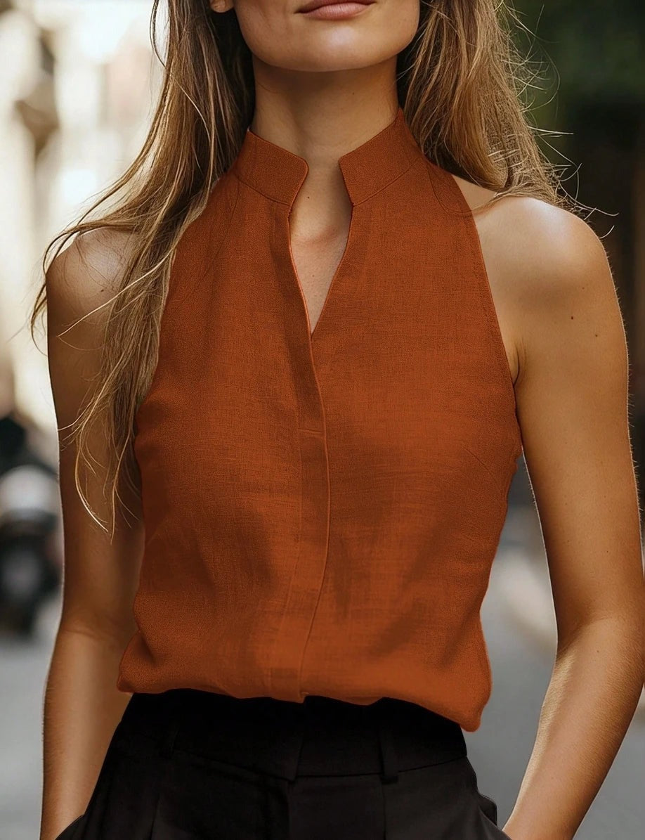 Sleeveless V Neck Blouse - Orange