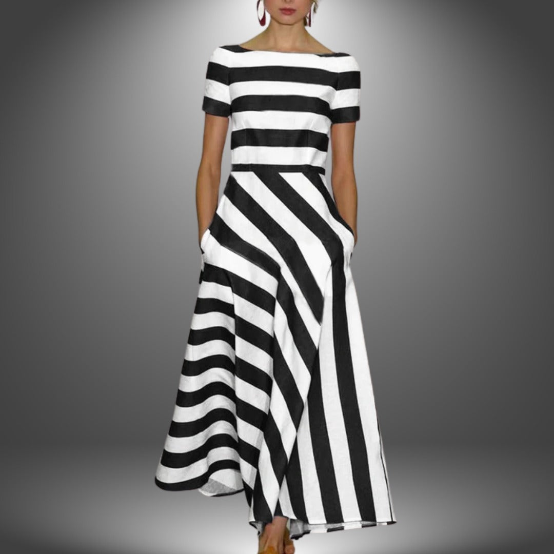 Striped A Line Maxi Dress - Black