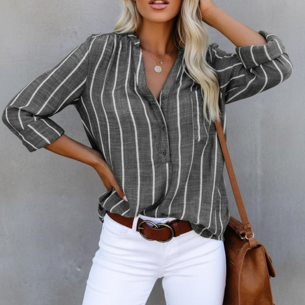 Striped Long Sleeve Blouse - Gray