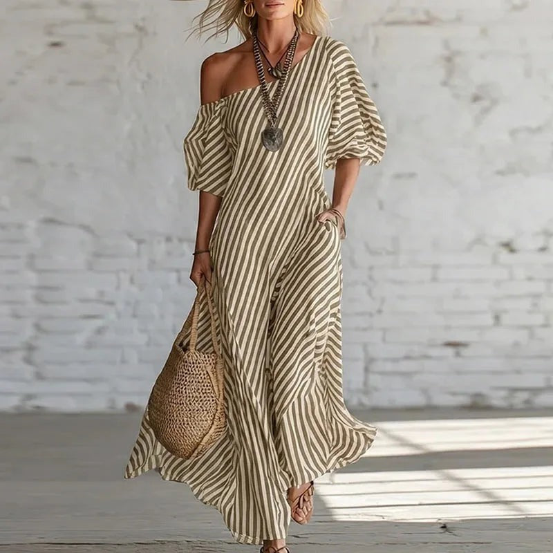 Striped Off Shoulder Maxi Dress - Khaki