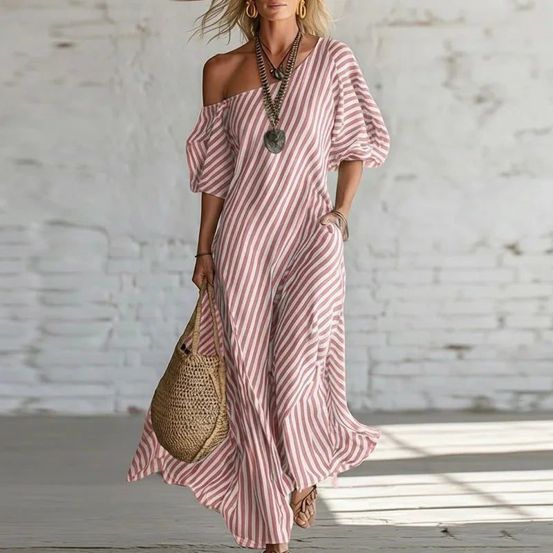 Striped Off Shoulder Maxi Dress - Pink