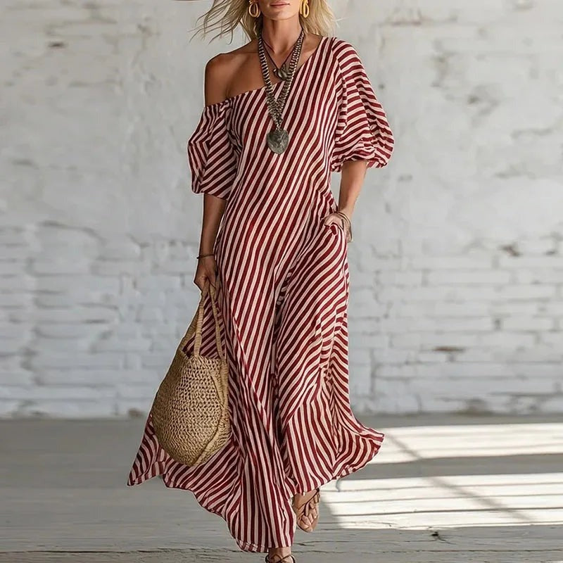 Striped Off Shoulder Maxi Dress - Red