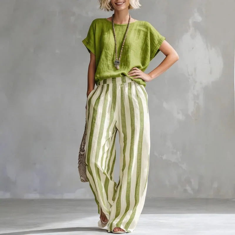 Striped Pants Two Piece Set - Green