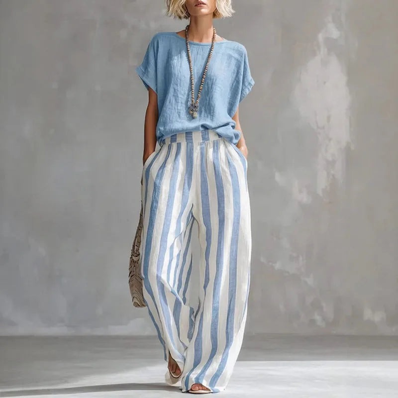 Striped Pants Two Piece Set - Sky Blue