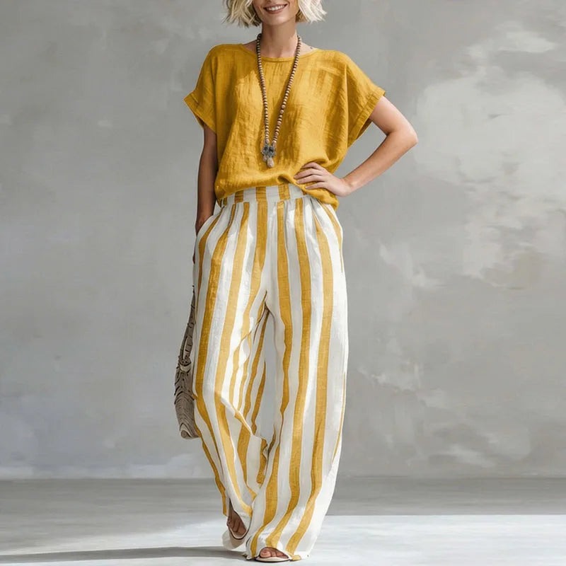 Striped Pants Two Piece Set - Yellow
