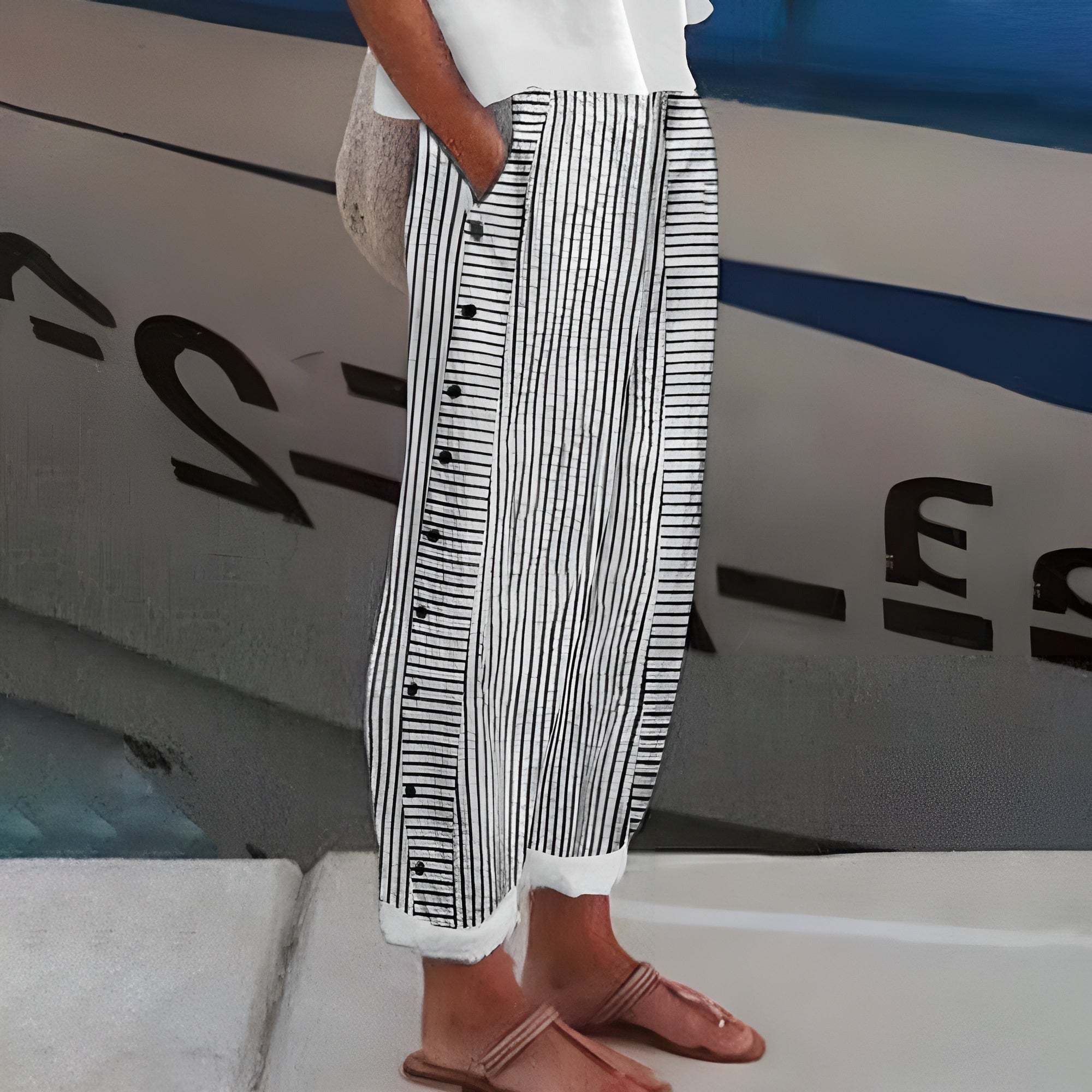 Striped Wide Leg Pants - Black