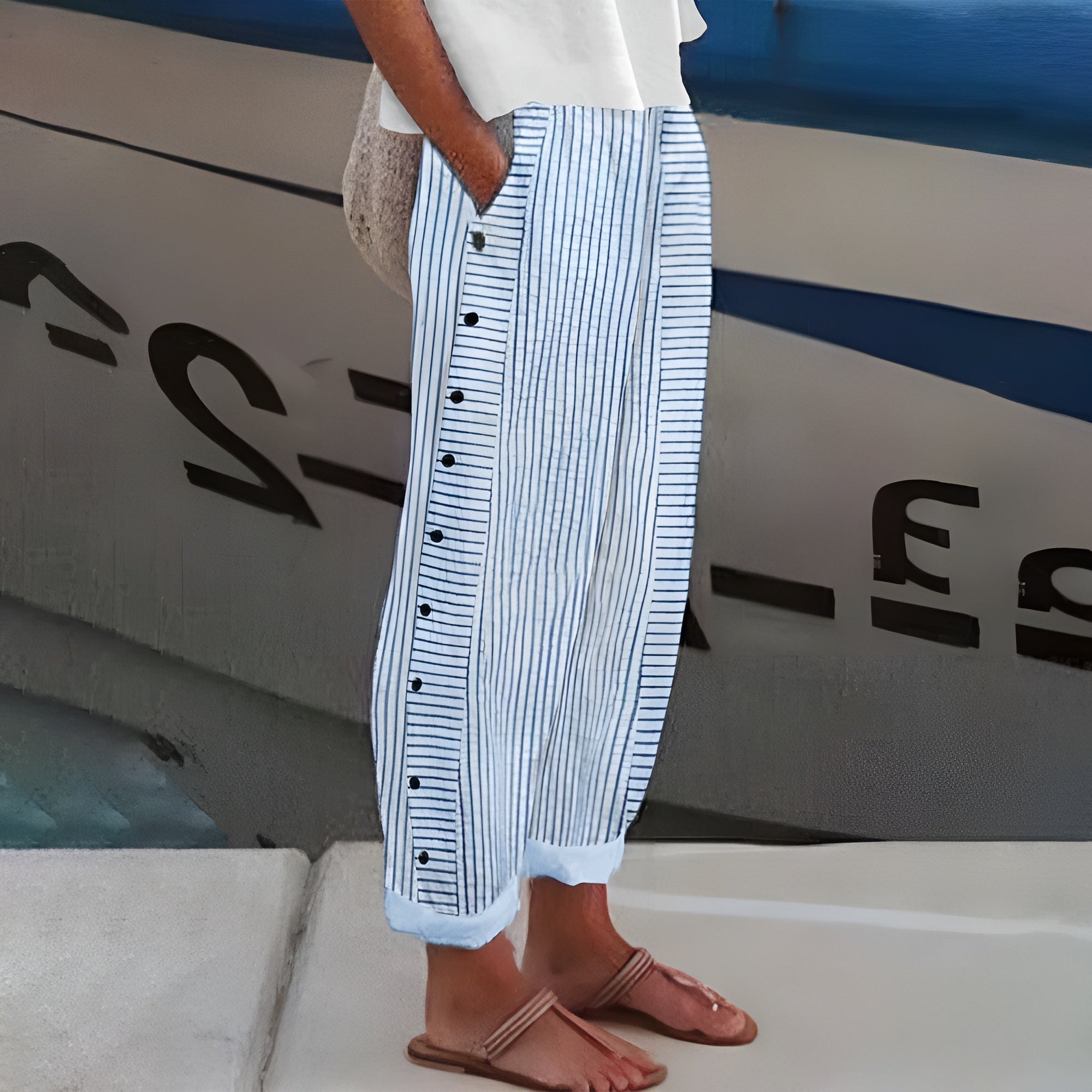 Striped Wide Leg Pants - Blue
