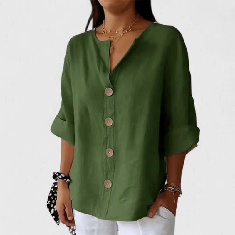 V Neck Long Sleeve Blouse - Army Green