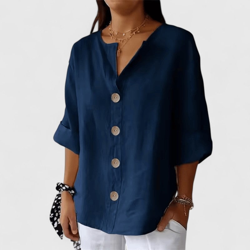 V Neck Long Sleeve Blouse - Navy Blue