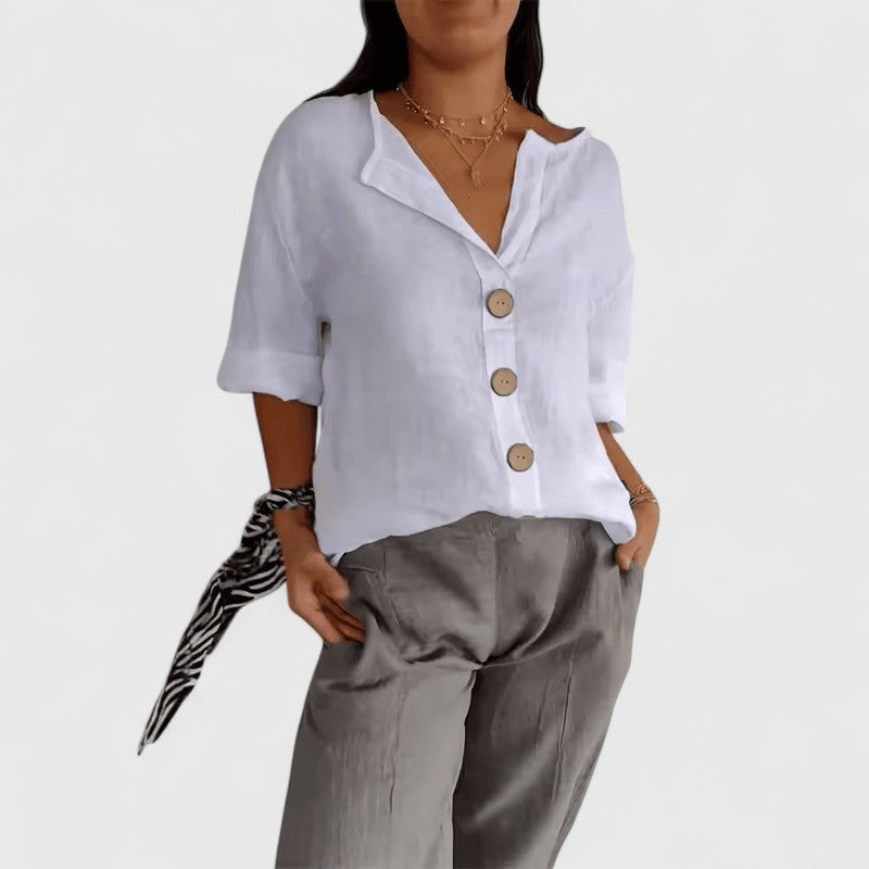 V Neck Long Sleeve Blouse - White