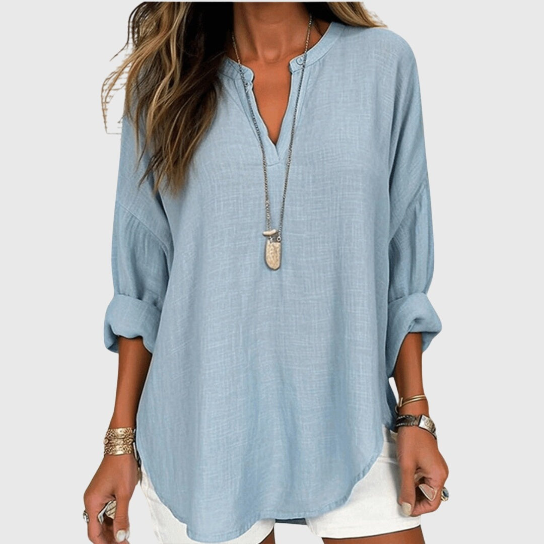 V Neck Long Sleeve Tunic - Light Blue