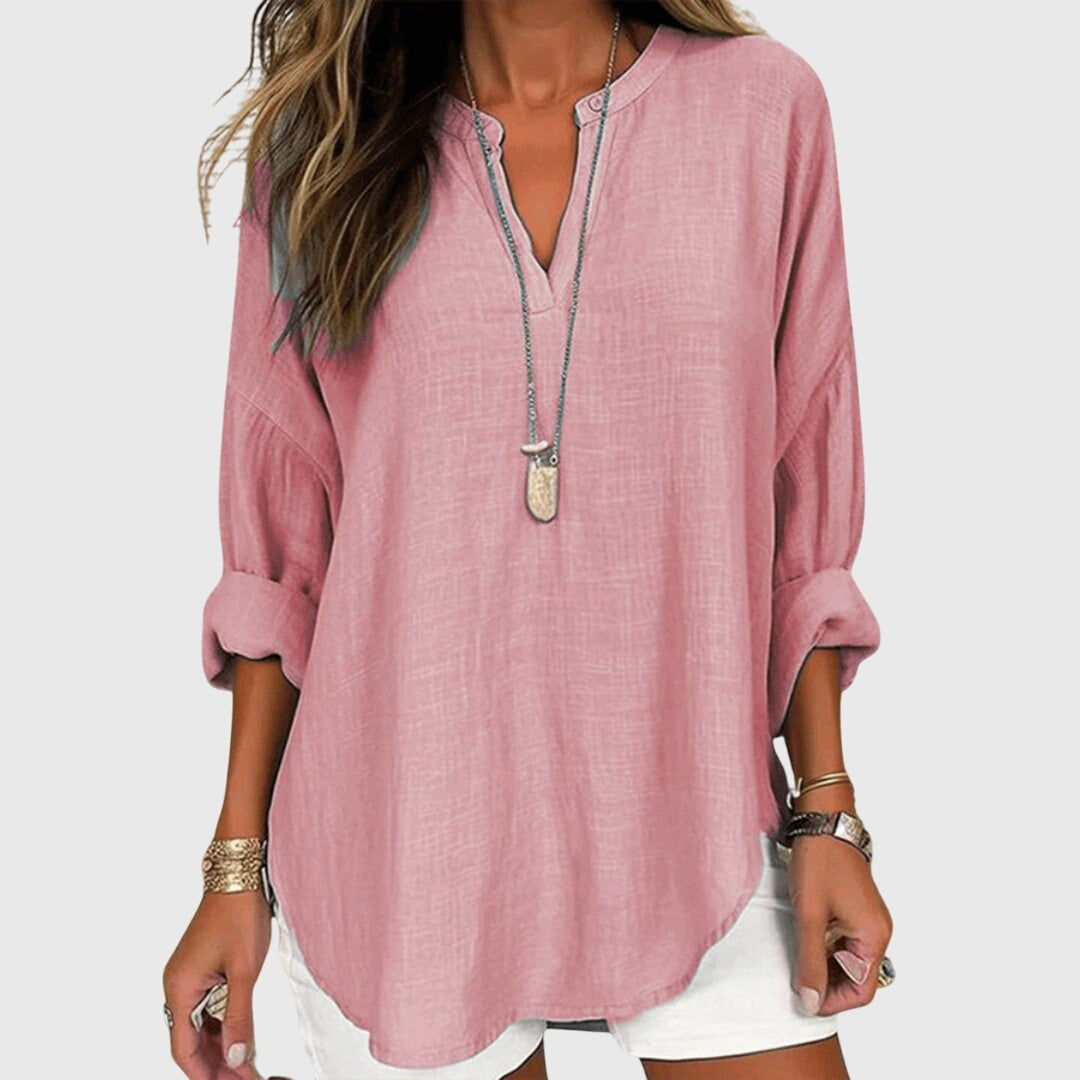 V Neck Long Sleeve Tunic - Pink