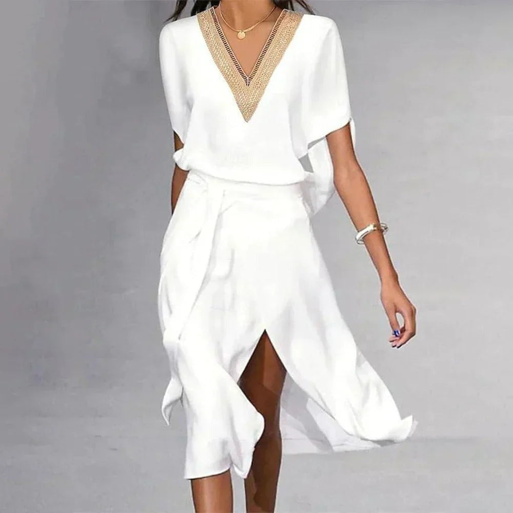 V Neck Midi Dress - White
