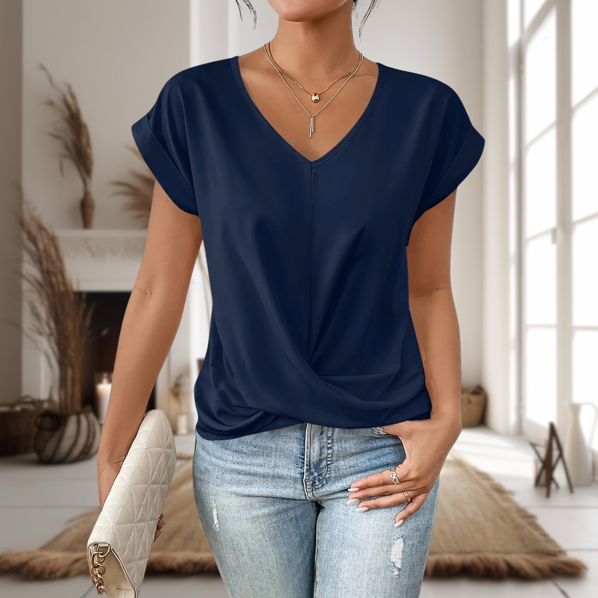 V Neck Short Sleeve Top - Blue