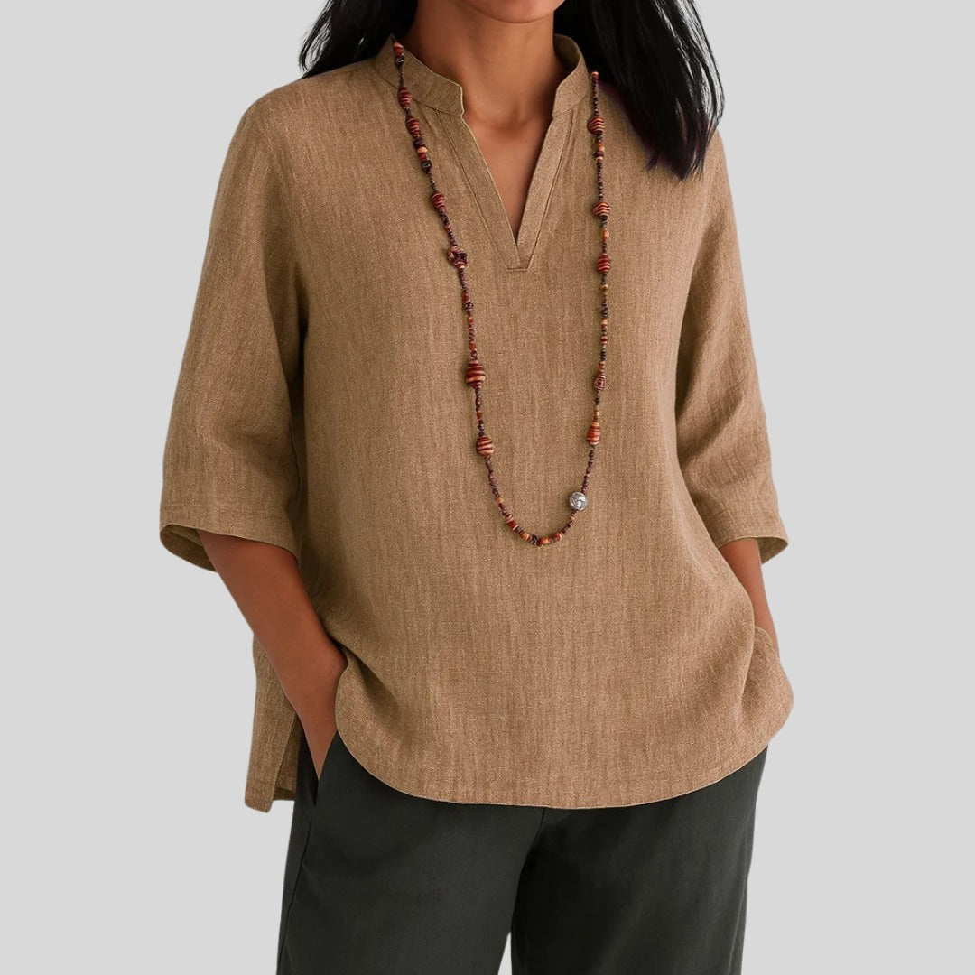 V Neck Tunic Top - Brown
