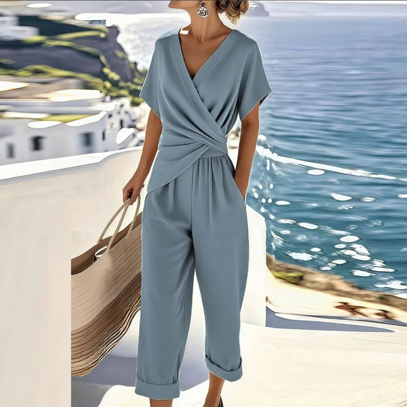 V Neck Wrap Jumpsuit - Blue