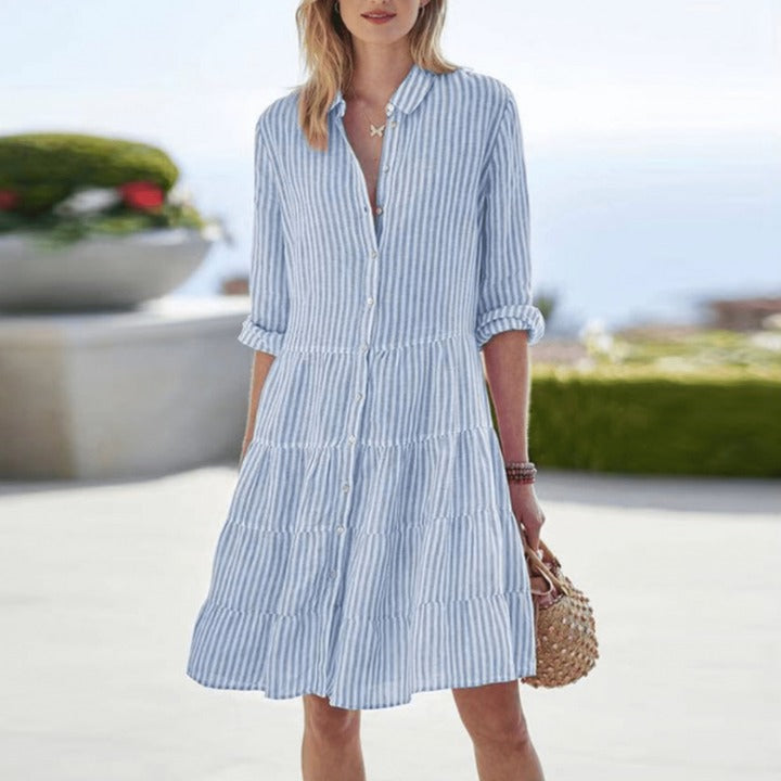 Vacation Striped Shirt Dress - Light Blue